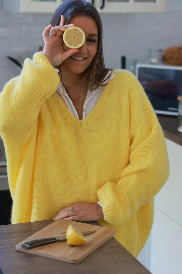 Yellow Woollen v-neck Sweater with Batwing sleeves