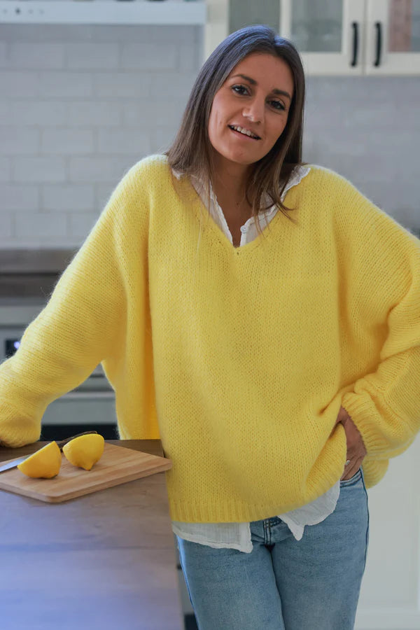 Yellow Woollen v-neck Sweater with Batwing sleeves