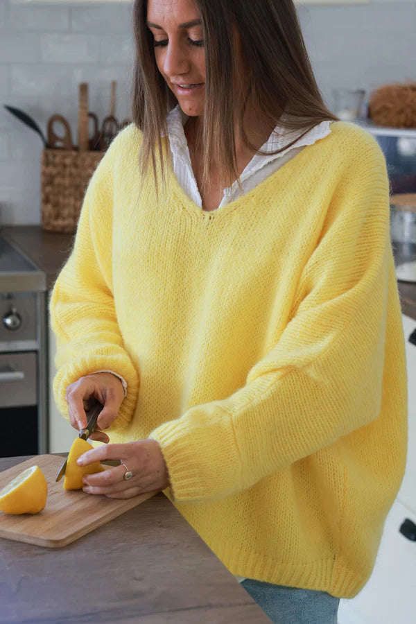 Yellow Woollen v-neck Sweater with Batwing sleeves