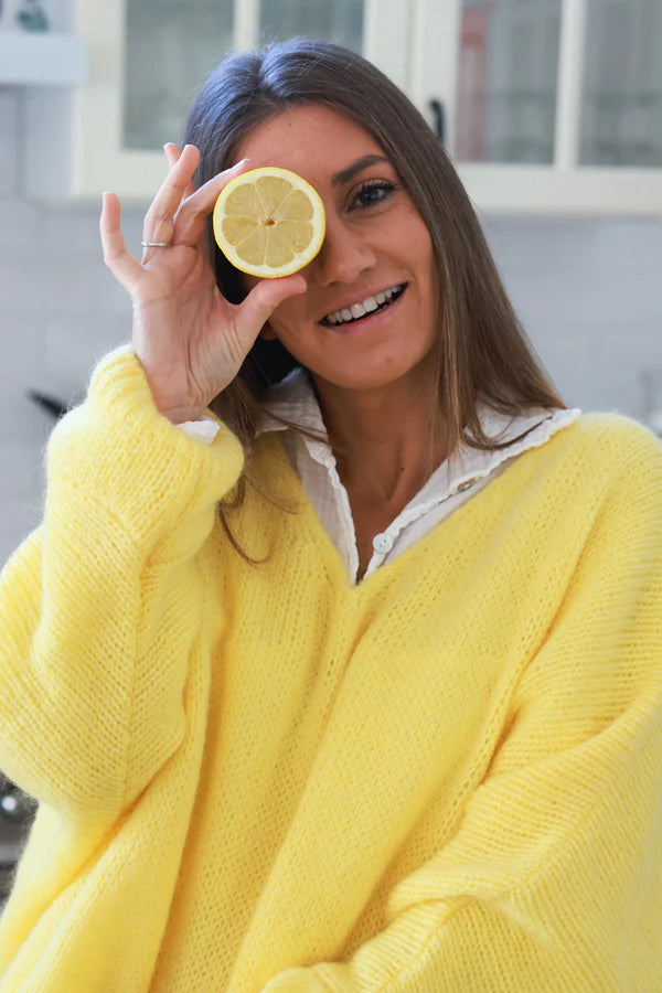 Yellow Woollen v-neck Sweater with Batwing sleeves