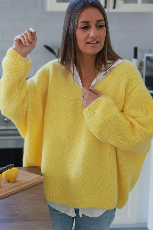 Yellow Woollen v-neck Sweater with Batwing sleeves