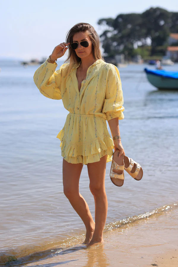 Yellow woven cotton shirt with gold and colored threads