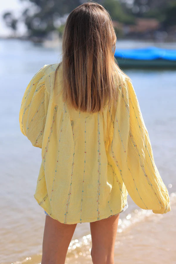 Yellow woven cotton shirt with gold and colored threads