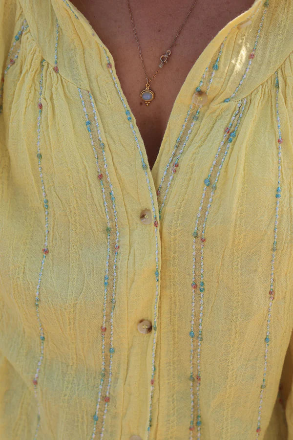 Yellow woven cotton shirt with gold and colored threads